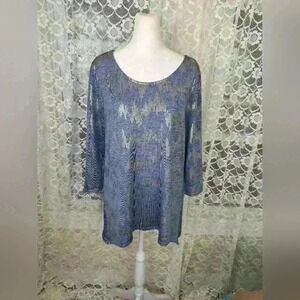 PECK & PECK  Sheer Light Blue Metallic Gold Top Size L